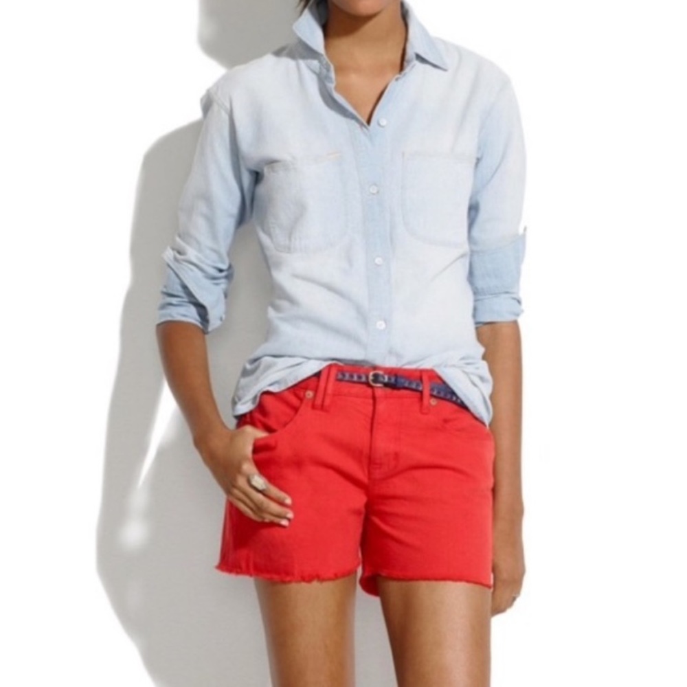 Madewell Midi Cuff Denim Shorts in Coral/Orange